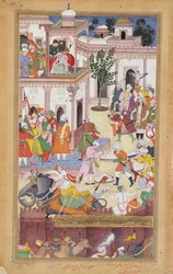 Los hermanos Ali Auli Khan Zaman y Gadhadur Khan en Karah, rindiendo homenaje a Akbar y entregando el botín tomado de los afganos, 1590-98